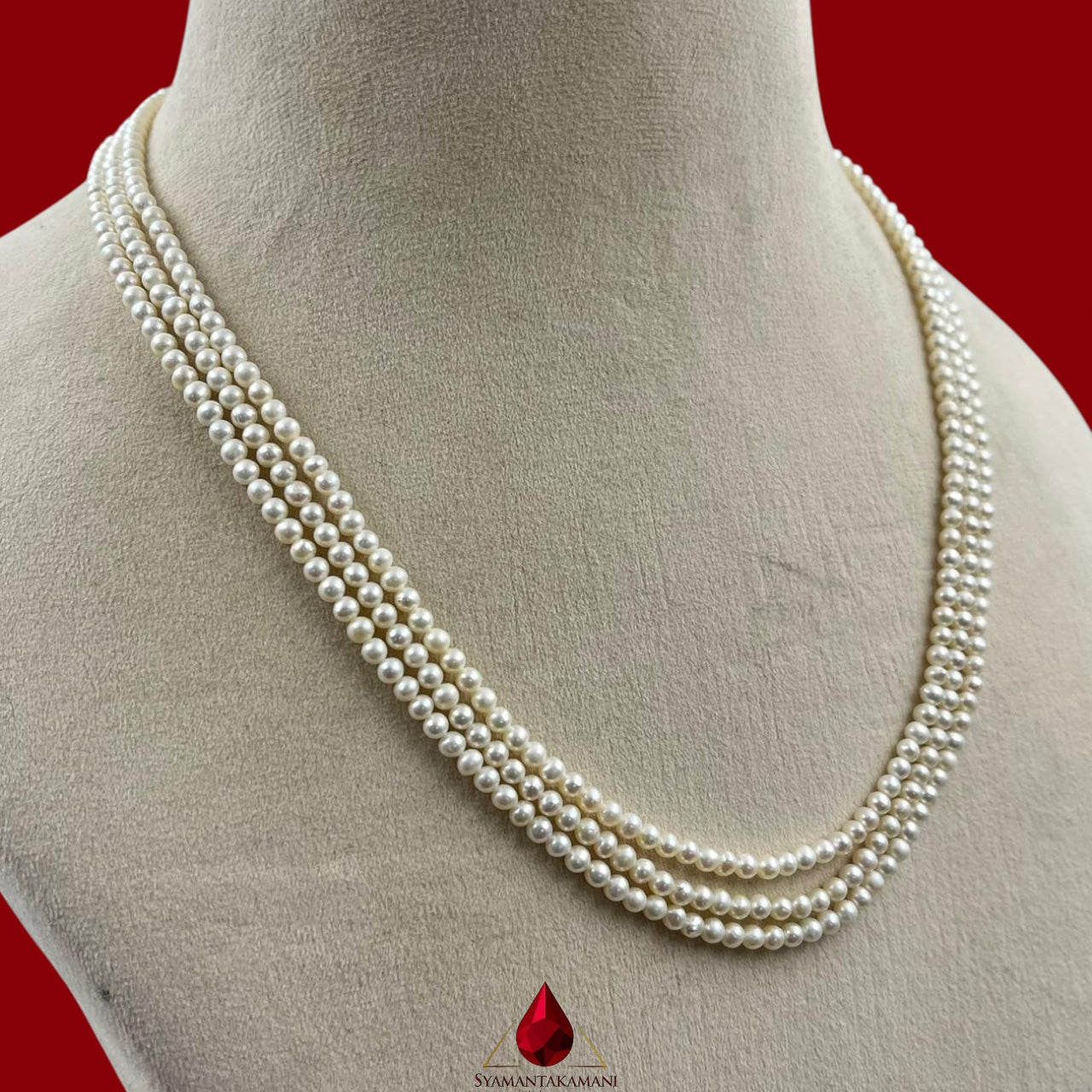 Natural Freshwater Pearl 5mm Round in 999 Silver Classy Necklace 3 Line With Certificate