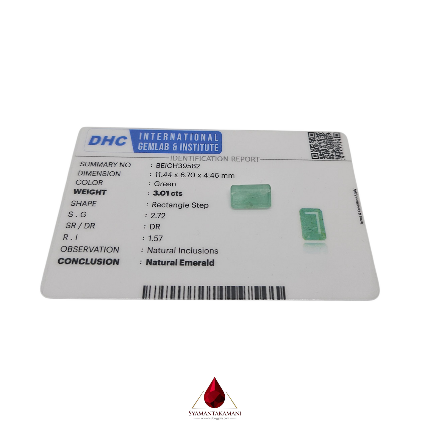 Emerald Rectangle 3.01 Carats Zambian