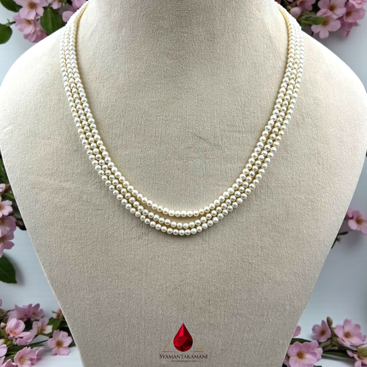 Natural Freshwater Pearl 5mm Round in 999 Silver Classy Necklace 3 Line With Certificate