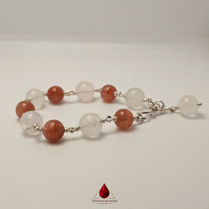 Natural Sunstone & Moonstone Fine Pure Silver Adjustable Bracelet The Solar & Lunar Harmony