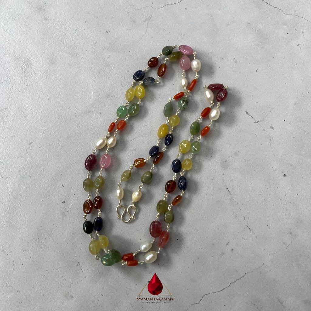 Natural Navaratna Mala without Diamond (Set in 20g Pure Silver with U-Lock, 125 Carats) The Silver Sovereignty