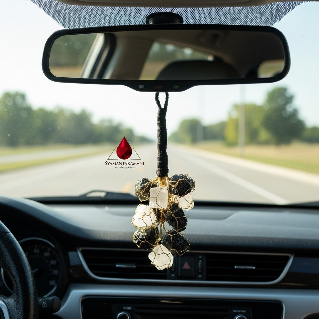 Natural Selenite & Black Tourmaline Energy Hanging Charm The Guardian & Purifier