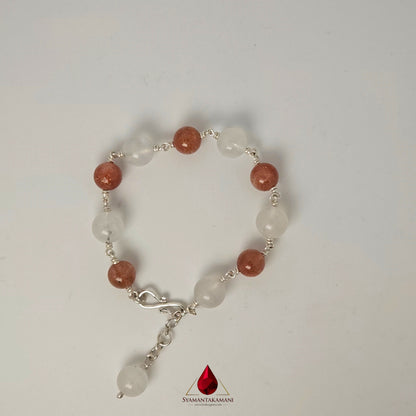 Natural Sunstone & Moonstone Fine Pure Silver Adjustable Bracelet The Solar & Lunar Harmony