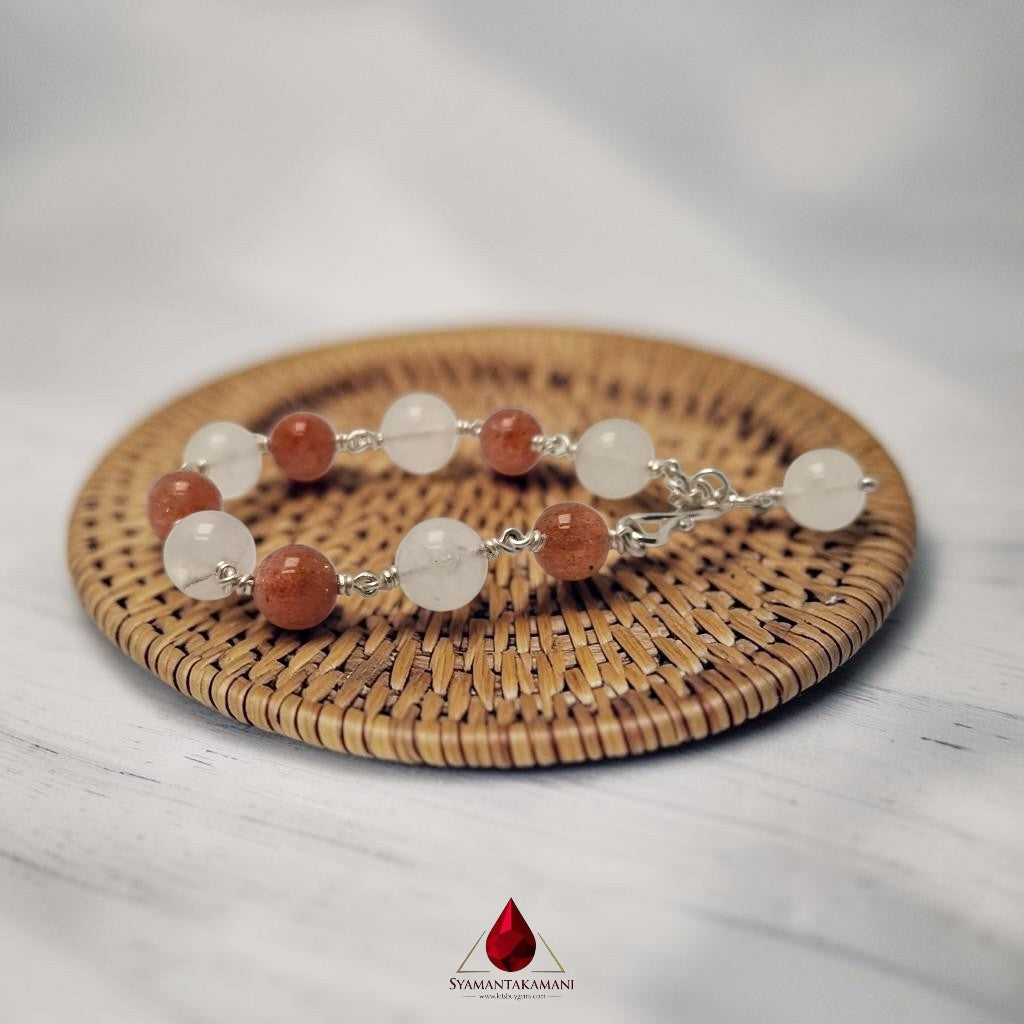 Natural Sunstone & Moonstone Fine Pure Silver Adjustable Bracelet The Solar & Lunar Harmony