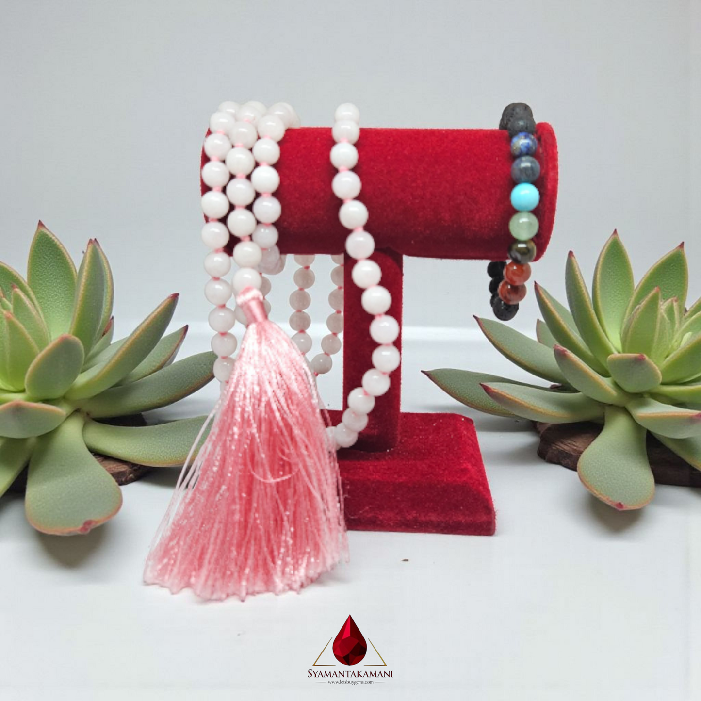 Natural Rose Quartz Mala 108 Beads With Free 7 Chakra Lavastone Bracelet